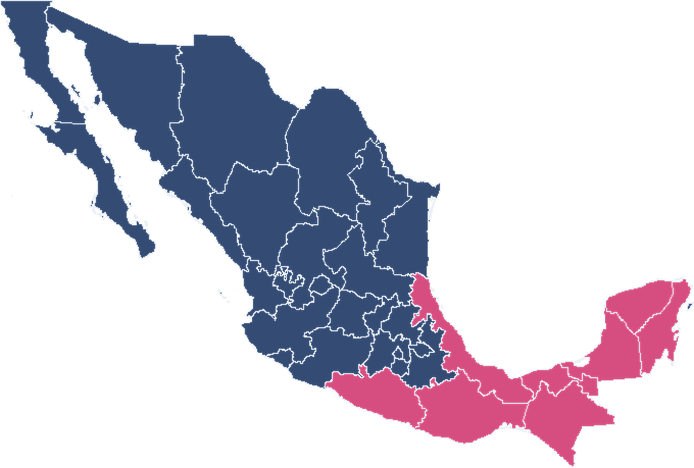 Mapa de la República Mexicana con la región Sur-Sureste resaltada; cada punto marca las cifras de un estado